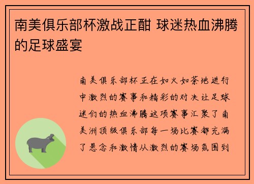 南美俱乐部杯激战正酣 球迷热血沸腾的足球盛宴