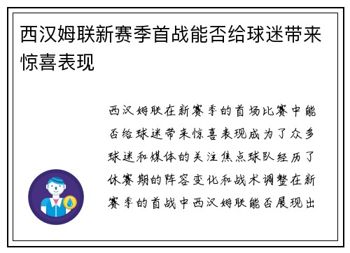 西汉姆联新赛季首战能否给球迷带来惊喜表现 西汉姆联新赛季首战能否给球迷带来惊喜表现
